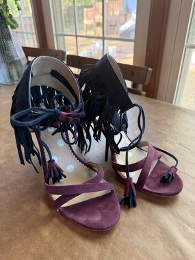 Fringe Lace-Up Suede Strappy Heeled Sandals in Purple and Black